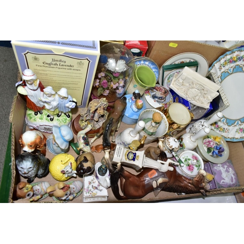 487 - FOUR BOXES OF CERAMICS, to include a boxed Yardley English Lavender figurine, crested ware in the fo... 