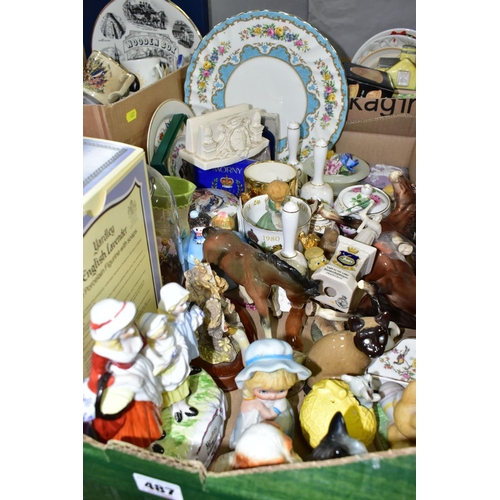 487 - FOUR BOXES OF CERAMICS, to include a boxed Yardley English Lavender figurine, crested ware in the fo... 