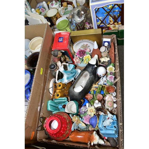 487 - FOUR BOXES OF CERAMICS, to include a boxed Yardley English Lavender figurine, crested ware in the fo... 