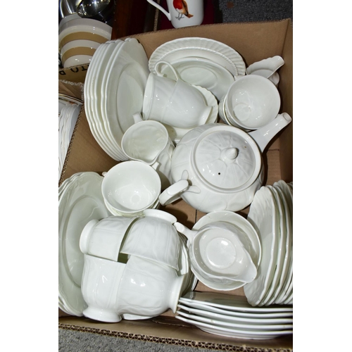 488 - FIVE BOXES AND LOOSE CERAMICS AND SUNDRY ITEMS, to include an eighteen piece Palissy 'Silver Birch' ... 