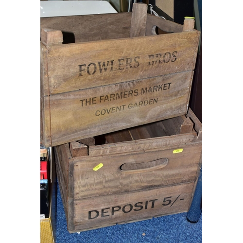 493 - REPRODUCTION VINTAGE STYLE SIGNS AND WOODEN CRATES, to include coat hooks spelling 'Family', 'Dad's ... 