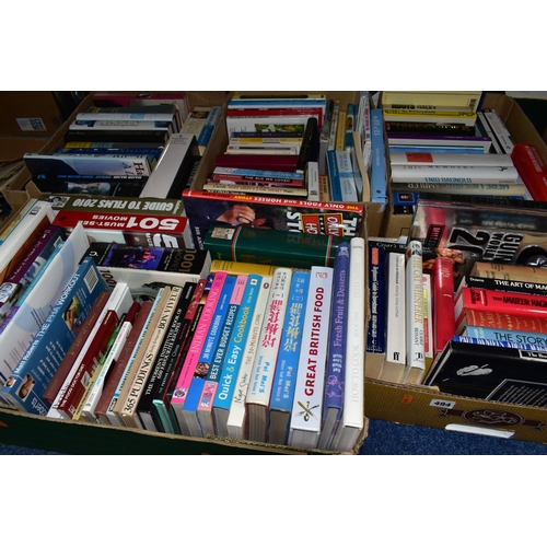 494 - FIVE BOXES OF ASSORTED BOOKS, to include approximately one hundred and fifty hardback books, cookery... 