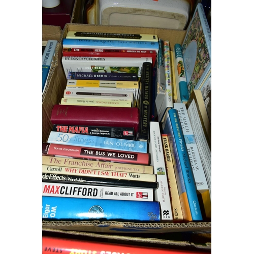 494 - FIVE BOXES OF ASSORTED BOOKS, to include approximately one hundred and fifty hardback books, cookery... 