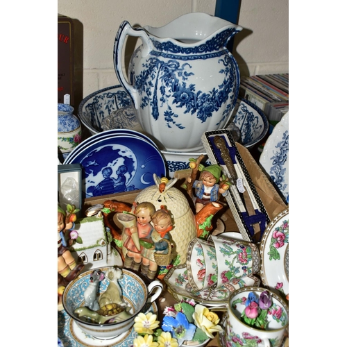 518 - ONE BOX OF CERAMICS AND ORNAMENTS to include a Coalport 'His Master's House'  and 'Village Church' f... 