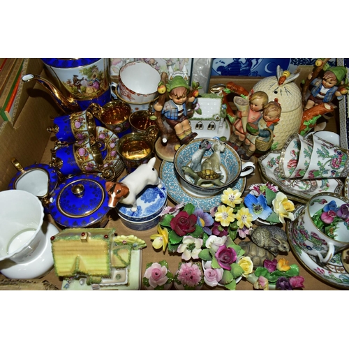 518 - ONE BOX OF CERAMICS AND ORNAMENTS to include a Coalport 'His Master's House'  and 'Village Church' f... 