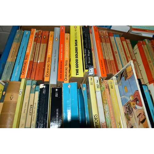 519 - THREE BOXES OF ASSORTED PENGUIN PAPERBACK BOOKS, to include over one hundred classic novels, Sherloc... 