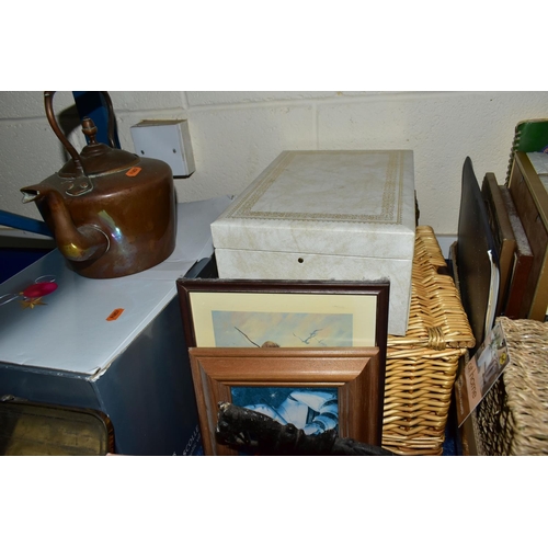 520 - FOUR BOXES OF METALWARE AND ASSORTED SUNDRIES, to include a wicker picnic basket, copper kettle, bed... 