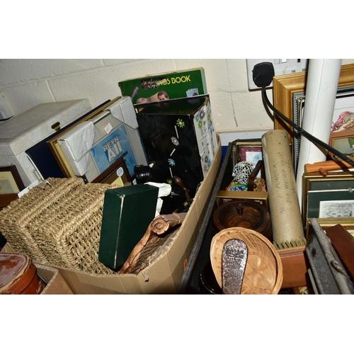 520 - FOUR BOXES OF METALWARE AND ASSORTED SUNDRIES, to include a wicker picnic basket, copper kettle, bed... 