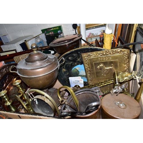 520 - FOUR BOXES OF METALWARE AND ASSORTED SUNDRIES, to include a wicker picnic basket, copper kettle, bed... 