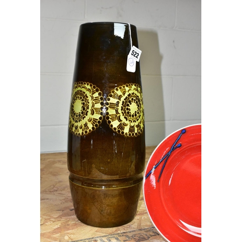 522 - A LATE  POOLE POTTERY 1960S AGEAN VASE, height 40cm, marked 95 on the base, together with two Poole ... 