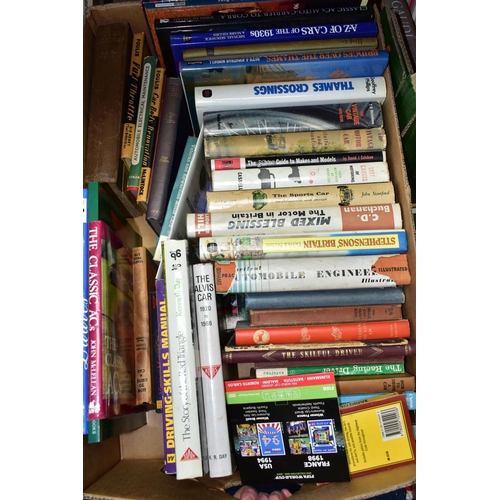 527 - SIX BOXES OF ASSORTED MOTORING BOOKS to include over one hundred and twenty books, road atlases, two... 