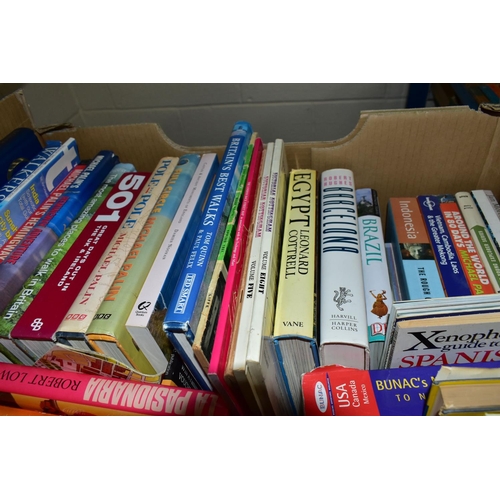 527 - SIX BOXES OF ASSORTED MOTORING BOOKS to include over one hundred and twenty books, road atlases, two... 