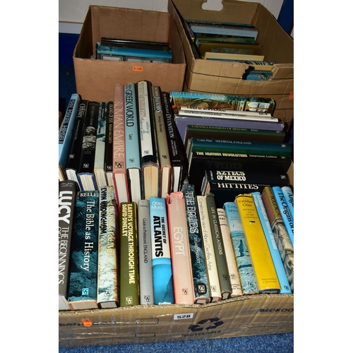 528 - THREE BOXES OF ASSORTED BOOKS to include over eighty ancient world history books, Bibles, Pears Ency... 