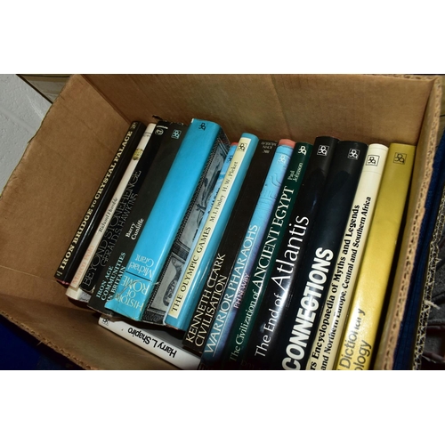 528 - THREE BOXES OF ASSORTED BOOKS to include over eighty ancient world history books, Bibles, Pears Ency... 