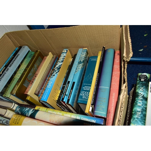 528 - THREE BOXES OF ASSORTED BOOKS to include over eighty ancient world history books, Bibles, Pears Ency... 