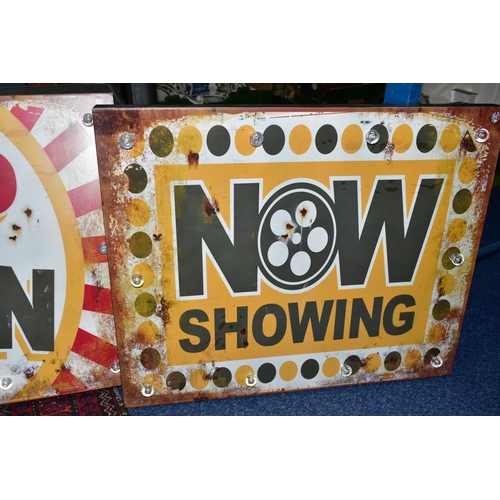 538 - THREE MODERN DECORATIVE ILLUMINATED ADVERTISING SIGNS, 'Pop Corn' and 'Now Showing' approximate size... 