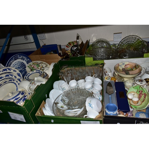 548 - FIVE BOXES OF CERAMICS, GLASS AND SUNDRY ITEMS, to include a twenty four piece Royal Cauldon Dragon ... 