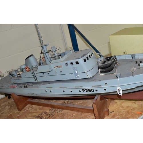 549 - A RADIO CONTROL MODEL BOAT 'HMS KINGFISHER' P260, of fibreglass, wood and plastic construction, fitt... 