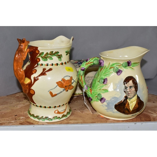 550 - THREE CROWN DEVON FIELDINGS MUSICAL WARES, comprising Auld Lang Syne and John Peel musical jugs, wit... 