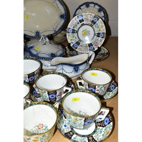 554 - A GROUP OF EARLY MINTON TEAWARES AND FLOW BLUE DINNERWARE, comprising Minton G4952 floral pattern wi... 