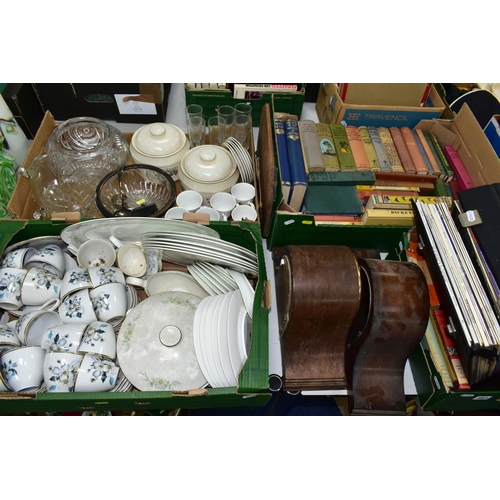 454 - FOUR BOXES AND LOOSE CERAMICS, GLASS, BOOKS, RECORDS AND SUNDRIES, to include a twenty two piece Wed... 