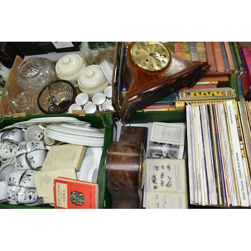 454 - FOUR BOXES AND LOOSE CERAMICS, GLASS, BOOKS, RECORDS AND SUNDRIES, to include a twenty two piece Wed... 