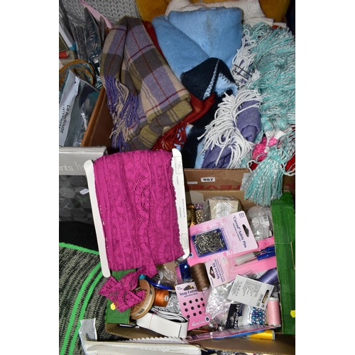 557 - FIVE BOXES OF DUVET COVERS, PILLOW CASES, THROWS AND HABERDASHERY ETC, most appear to be in unused c... 