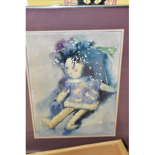 566 - A QUANTITY OF PICTURES AND PRINTS ETC, to include a watercolour depicting a child cloth doll, signed... 