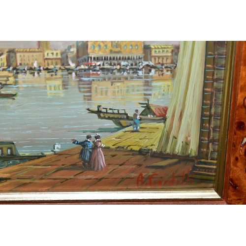 574 - A GARDELLI, a pair of framed oils on copper depicting Venetian scenes, signed lower right, with rece... 