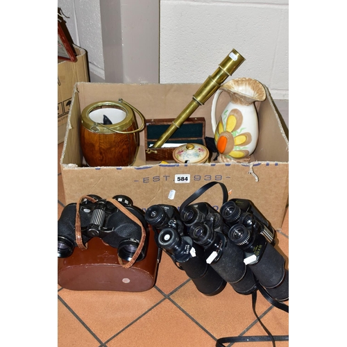 584 - A BOX OF BINOCULARS, TELESCOPE, CERAMICS AND SUNDRY ITEMS, to include a brass six section telescope ... 