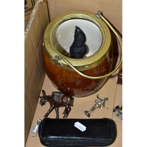 584 - A BOX OF BINOCULARS, TELESCOPE, CERAMICS AND SUNDRY ITEMS, to include a brass six section telescope ... 