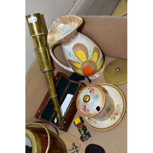 584 - A BOX OF BINOCULARS, TELESCOPE, CERAMICS AND SUNDRY ITEMS, to include a brass six section telescope ... 