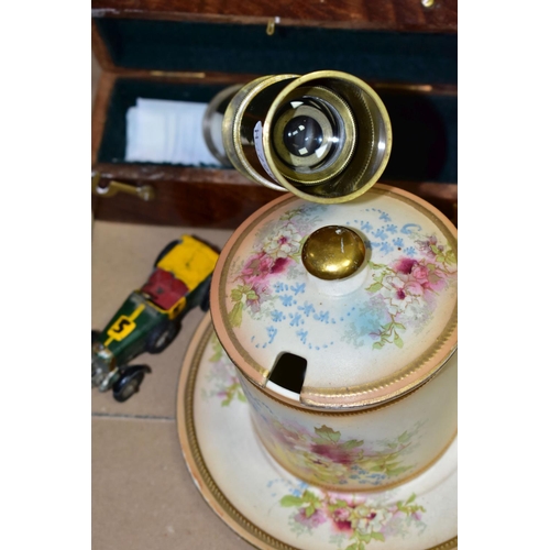 584 - A BOX OF BINOCULARS, TELESCOPE, CERAMICS AND SUNDRY ITEMS, to include a brass six section telescope ... 