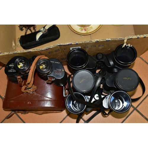 584 - A BOX OF BINOCULARS, TELESCOPE, CERAMICS AND SUNDRY ITEMS, to include a brass six section telescope ... 