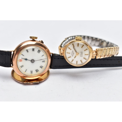 105 - TWO LADIES 9CT GOLD WRISTWATCHES, the first a manual wind watch with a round white dial, Roman numer... 