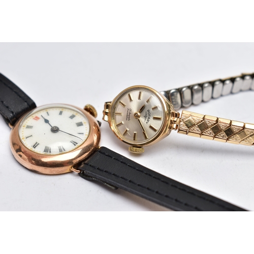 105 - TWO LADIES 9CT GOLD WRISTWATCHES, the first a manual wind watch with a round white dial, Roman numer... 