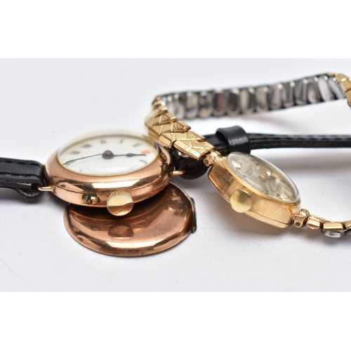 105 - TWO LADIES 9CT GOLD WRISTWATCHES, the first a manual wind watch with a round white dial, Roman numer... 