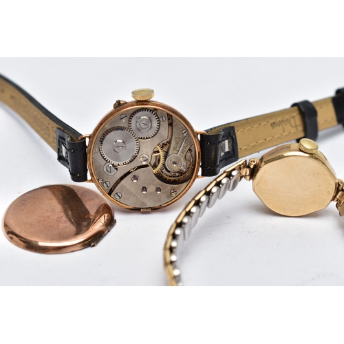 105 - TWO LADIES 9CT GOLD WRISTWATCHES, the first a manual wind watch with a round white dial, Roman numer... 