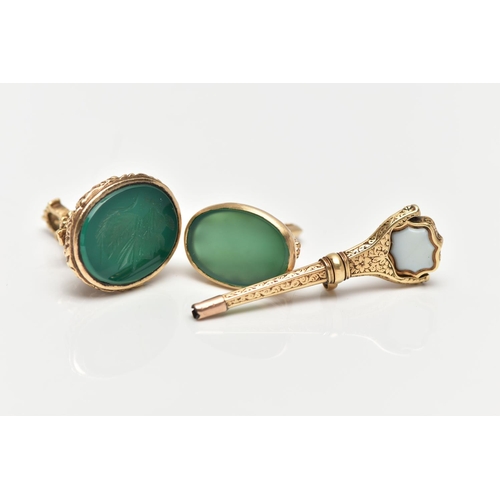 10 - TWO 9CT GOLD FOB SEALS AND A WATCH KEY, the first designed with a polished oval green chalcedony bas... 