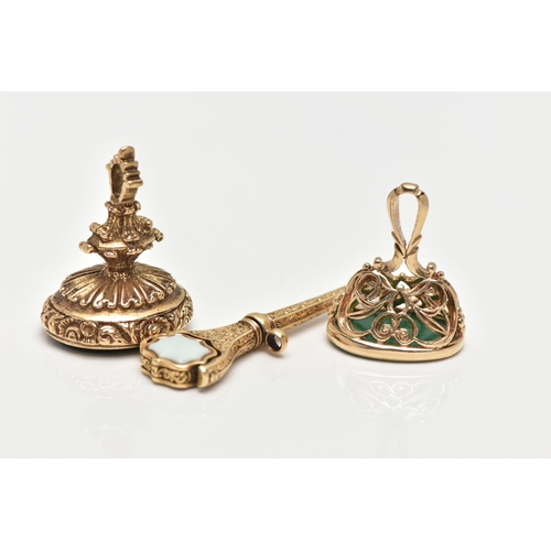 10 - TWO 9CT GOLD FOB SEALS AND A WATCH KEY, the first designed with a polished oval green chalcedony bas... 