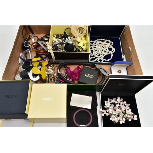 103 - A BOX OF ASSSORTED COSTUME JEWELLERY, to include a pair of white metal and onyx earrings, a pair of ... 