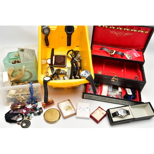 105 - A BOX OF ASSORTED COSTUME JEWELLERY AND WATCHES, to include a small assortment of yellow metal jewel... 