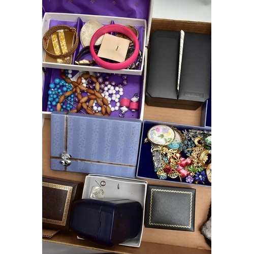106 - A LARGE ASSORTMENT OF COSTUME JEWELLERY AND BOXES, to include copper bangles, assorted earrings, bea... 