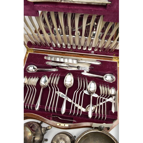 107 - A CANTEEN, CUTLERY AND WHITE METAL TABLEWARE, a complete wooden canteen, together with an assortment... 