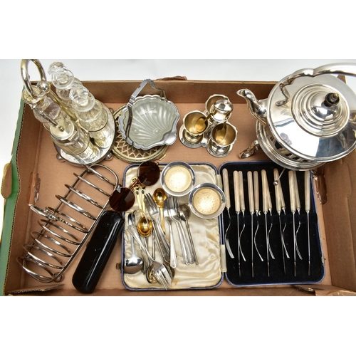 108 - A BOX OF WHITE METAL TABLEWARE, to include a kettle on a stand, a three egg stand, two egg cups, a t... 