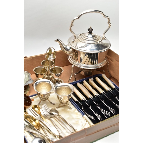 108 - A BOX OF WHITE METAL TABLEWARE, to include a kettle on a stand, a three egg stand, two egg cups, a t... 