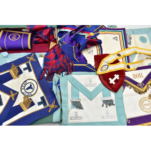 111 - A LARGE ASSORTMENT OF MASONIC REGALIA, to include a box of masonic books and leather cases, two boxe... 