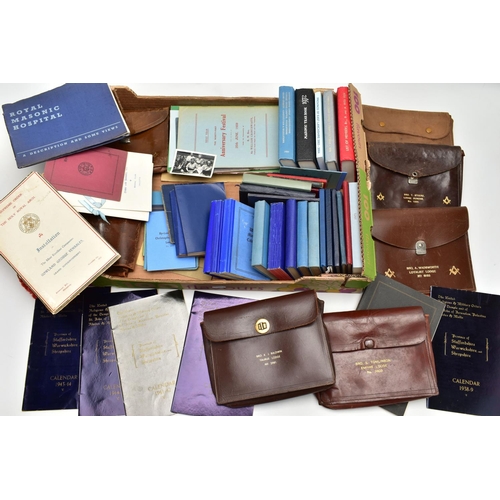 111 - A LARGE ASSORTMENT OF MASONIC REGALIA, to include a box of masonic books and leather cases, two boxe... 