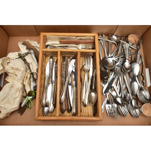 112 - A WOODEN CANTEEN AND ASSORTED CUTLERY, a raised wooden canteen, fitted with four wooden legs and a h... 