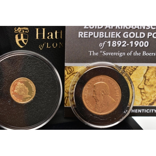 114 - A CASED SOUTH AFRICAN ZUID GOLD POND AND A QUARTER SOVEREIGN, dated 1900, within a protective plasti... 